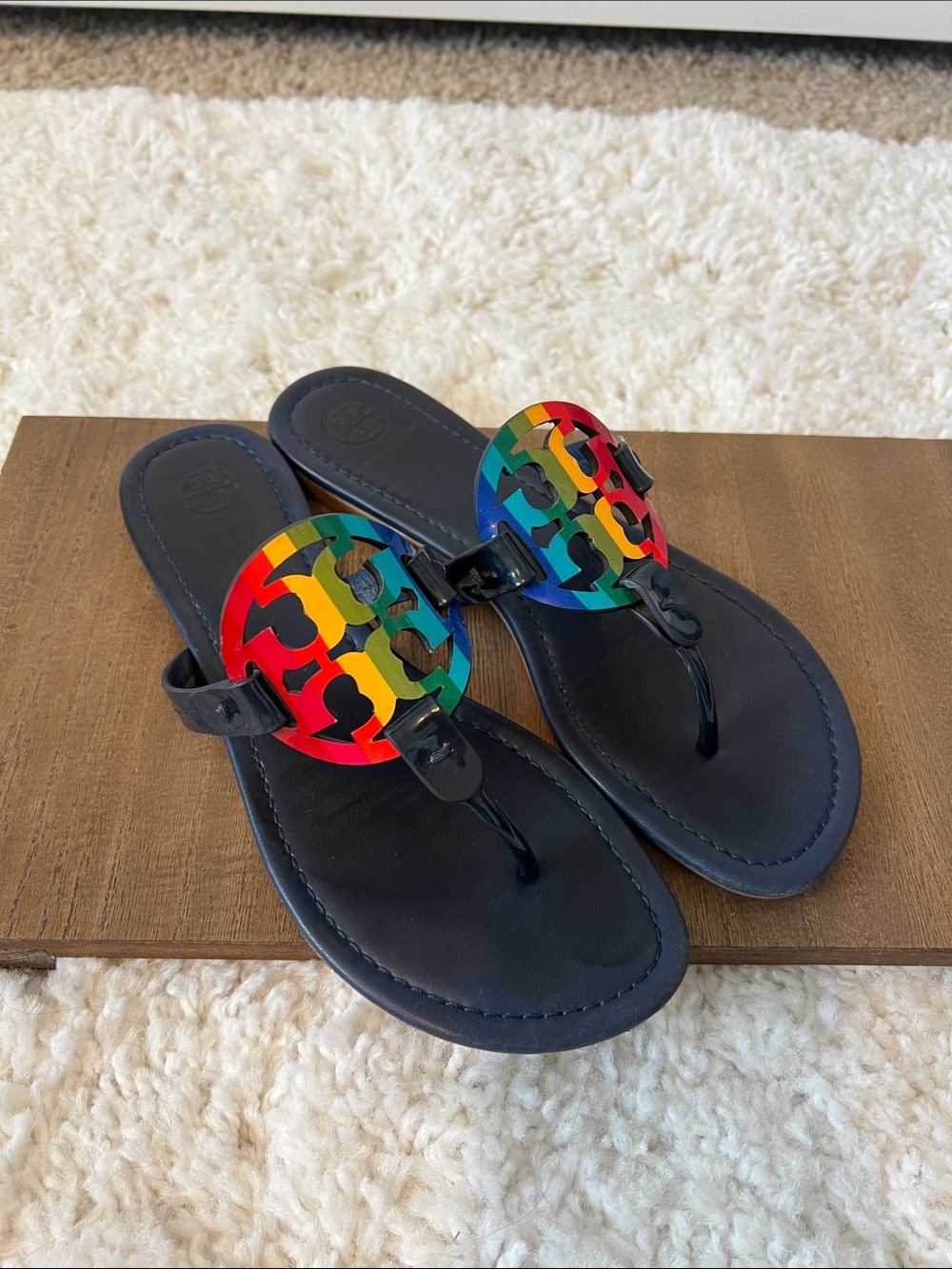 Tory Burch Miller Navy Leather and Rainbow sandals Logo Accent